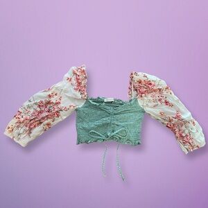 Green Smocked Floral Crop Top